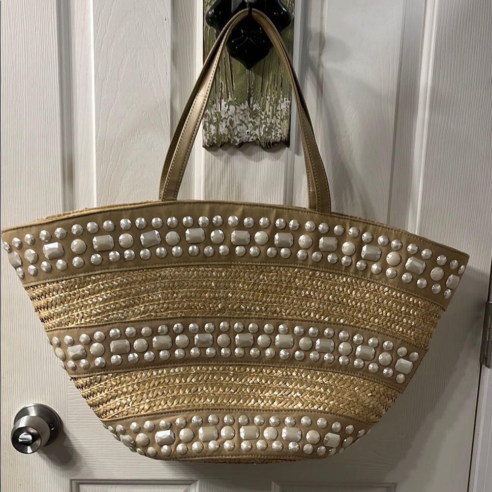 100% Straw Big BuddhaTote Bag with Elegant Pearl Embellishments